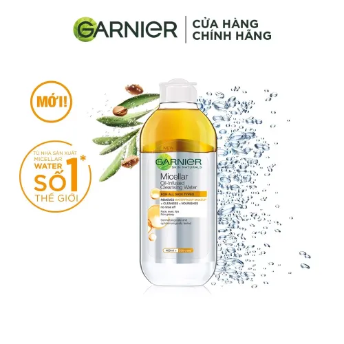 Nước làm sạch và tẩy trang cho da khô & trang điểm lâu trôi Garnier Micellar Water Oil-Infused 400ml